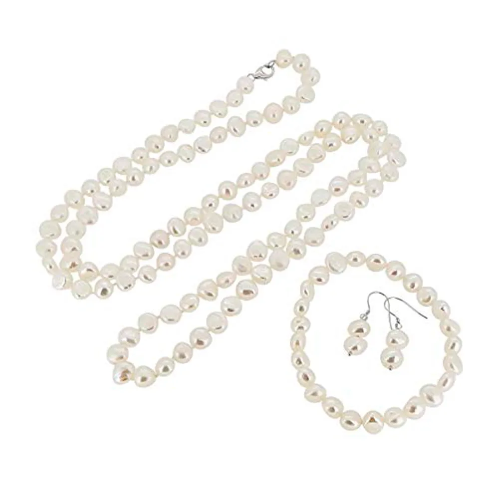 Women's 8-9mm Baroque Pearl Necklace, Bracelet and Earrings Set
