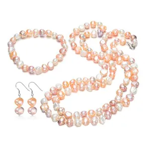 Women's 8-9mm Baroque Pearl Necklace, Bracelet and Earrings Set